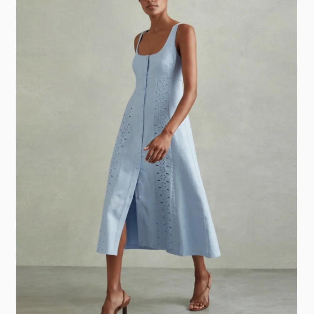 BEST REISS Clarice Broderie Midi Dress - Light Blue Spring Party Wedding Linen - Picture 2 of 10